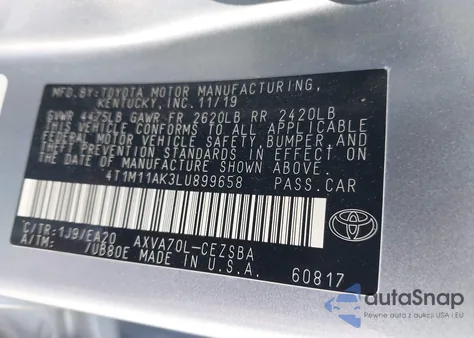 2020 Toyota Camry z USA, uszkodzony, nr VIN 4T1M111AK3LU89965